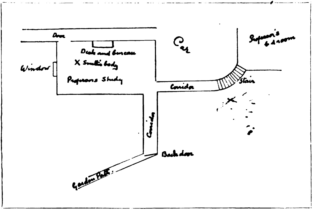 hand-drawn map of the crime scene. there is a door and window to the professor's study; inside the study are a desk & bureau and Smith's body, marked with an X. two corridors lead out of the study; the first leads to a backdoor which opens to a garden path, and the other leads to a staircase and the professor's bedroom.